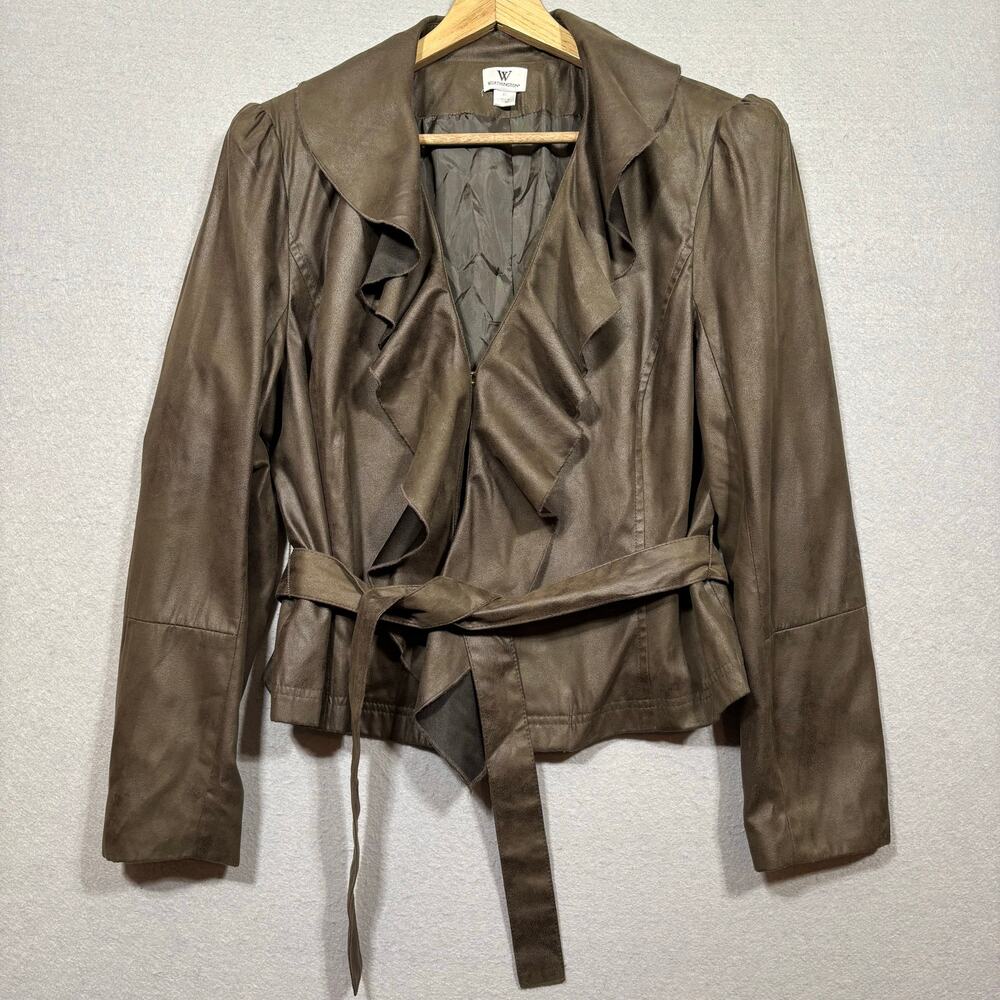 Worthington Women's Faux Leather Ruffle Jacket XL Brown Belted Cropped Chic Edgy